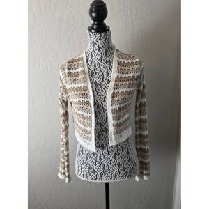 Major Label Group Crochet Bolero Cardigan Womens Small Beige Open Knit Shrug Y2K